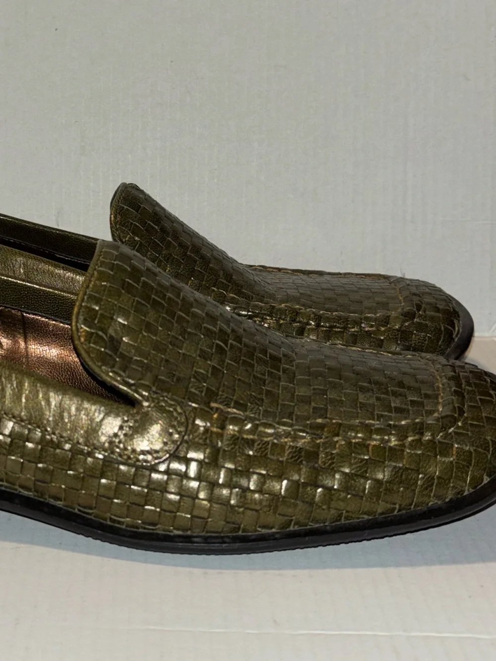 A. Marinelli Olive Woven Leather Loafers olive green Woman's Size 8 square toe